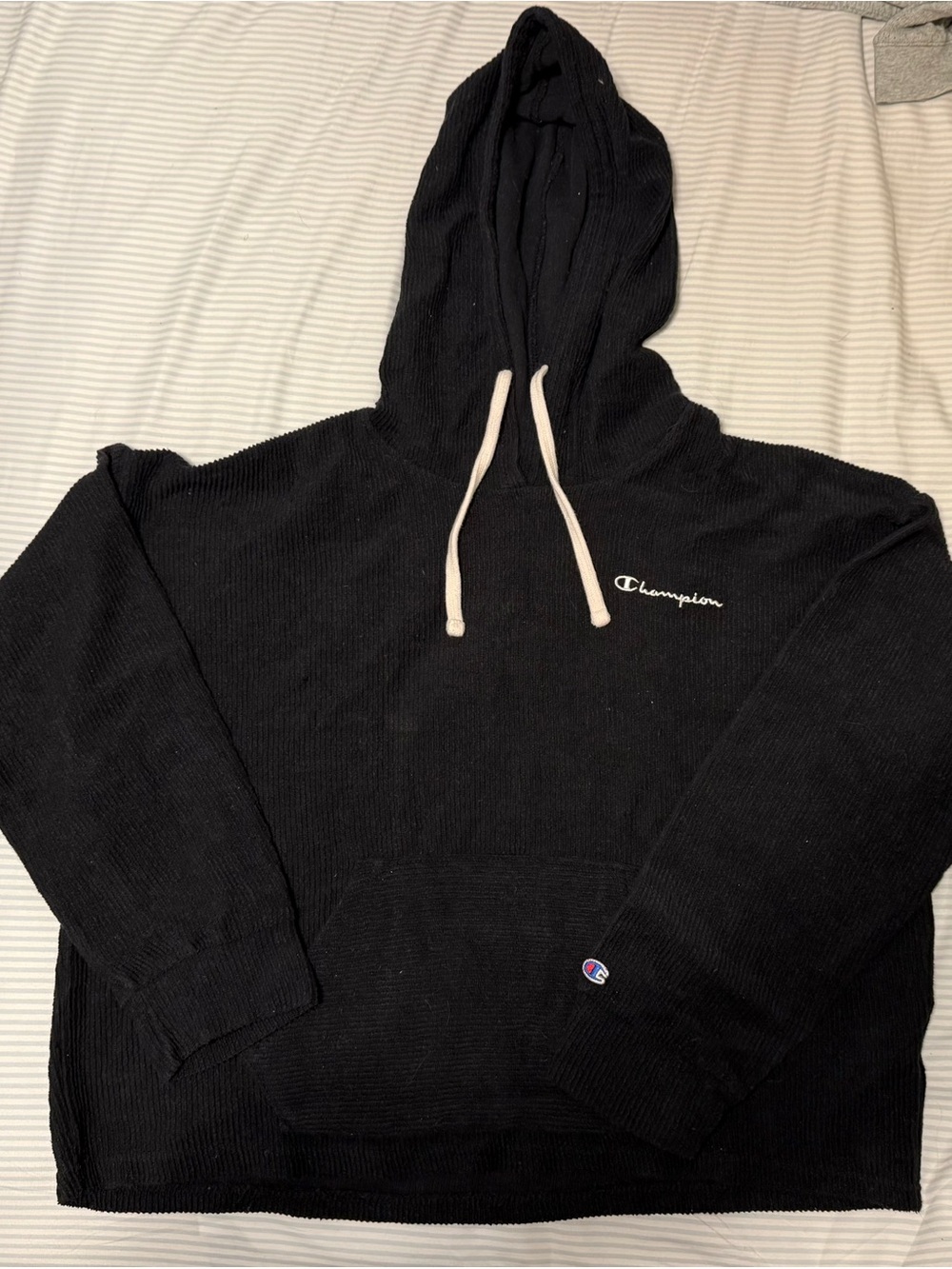 Champion Black Hoodie with White Drawstrings